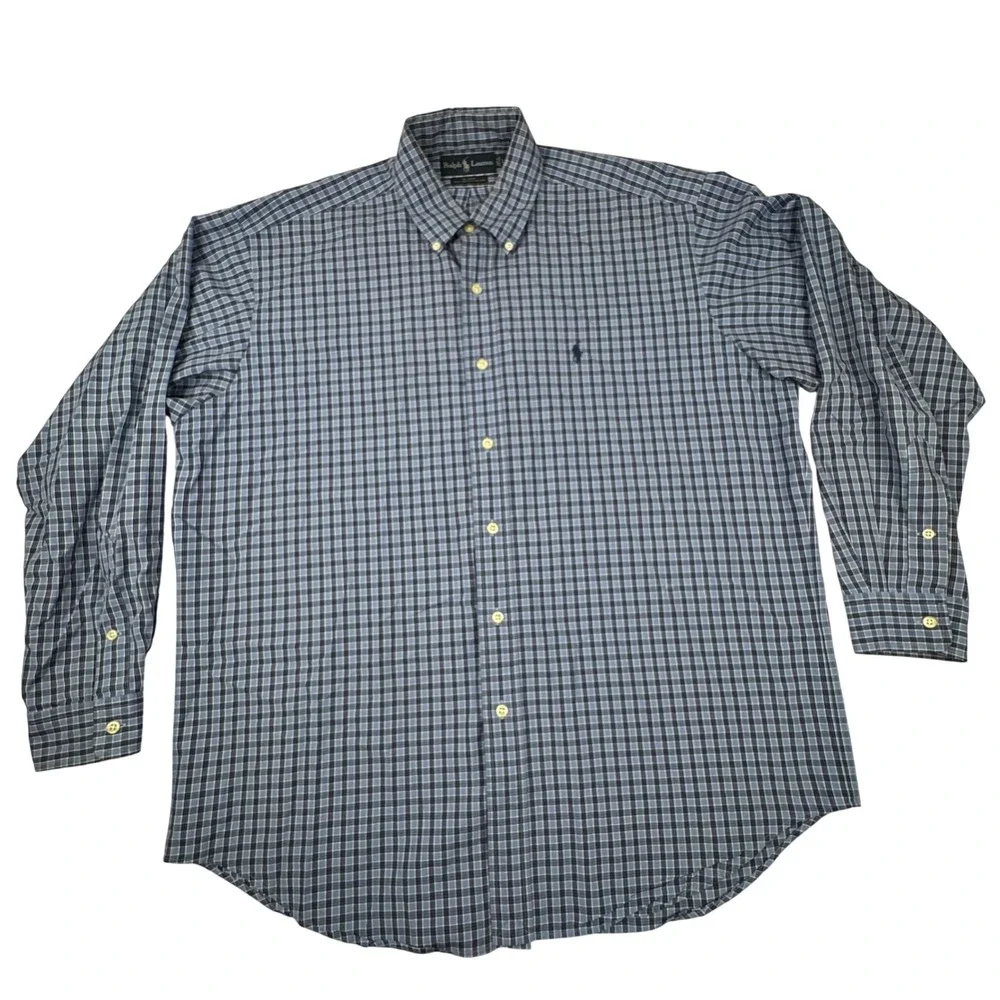 Ralph Lauren Blake Button Down Shirt Mens L Blue Check Two-Ply Cotton Long Slv